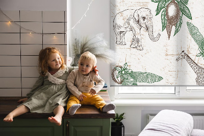 Blackout roller blind Giraffes, elephants and leaves