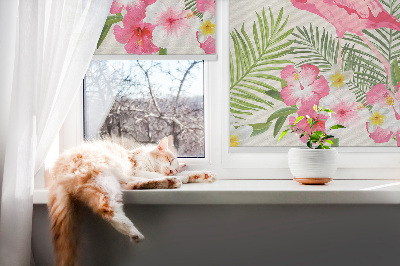 Fabric roller blind for window Flamingos by the leaves