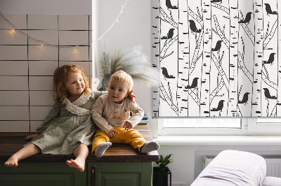 Fabric roller blind for window Drawn birds and trees