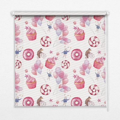 Blackout roller blind for window Pink balloons, donuts, and bunnies