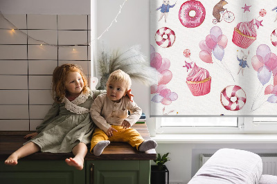 Blackout roller blind for window Pink balloons, donuts, and bunnies