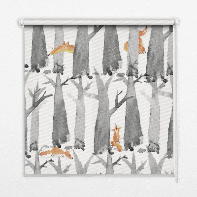 Fabric roller blind for window Gray trees red foxes