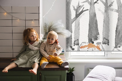 Fabric roller blind for window Gray trees red foxes