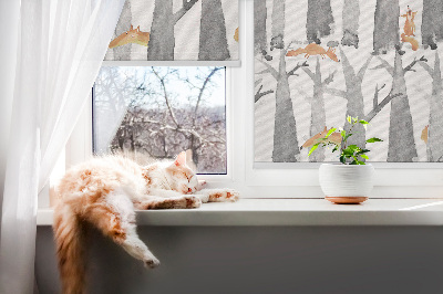 Fabric roller blind for window Gray trees red foxes