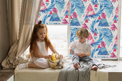 Fabric roller blind for window Blue leaves and triangles