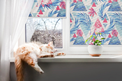 Fabric roller blind for window Blue leaves and triangles