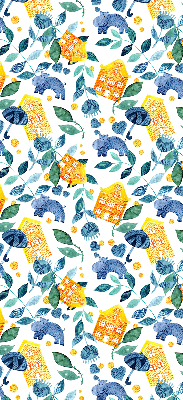 Fabric roller blind for window Yellow houses blue plants