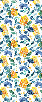 Fabric roller blind for window Yellow houses blue plants