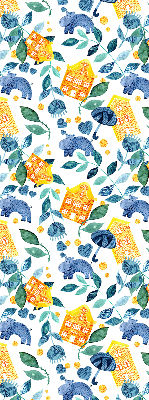 Fabric roller blind for window Yellow houses blue plants