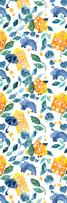 Fabric roller blind for window Yellow houses blue plants