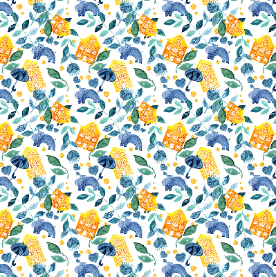 Fabric roller blind for window Yellow houses blue plants