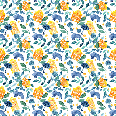 Fabric roller blind for window Yellow houses blue plants