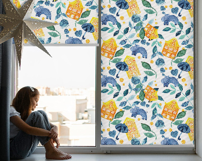 Fabric roller blind for window Yellow houses blue plants