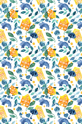 Fabric roller blind for window Yellow houses blue plants
