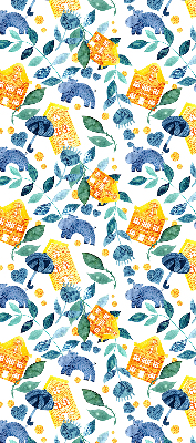 Fabric roller blind for window Yellow houses blue plants