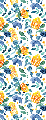 Fabric roller blind for window Yellow houses blue plants