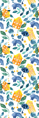 Fabric roller blind for window Yellow houses blue plants