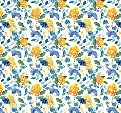Fabric roller blind for window Yellow houses blue plants