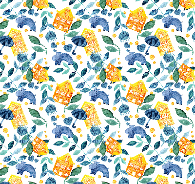 Fabric roller blind for window Yellow houses blue plants
