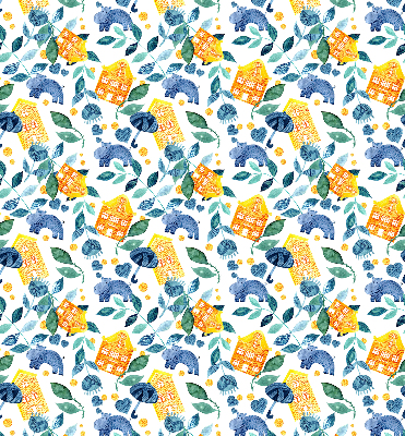 Fabric roller blind for window Yellow houses blue plants