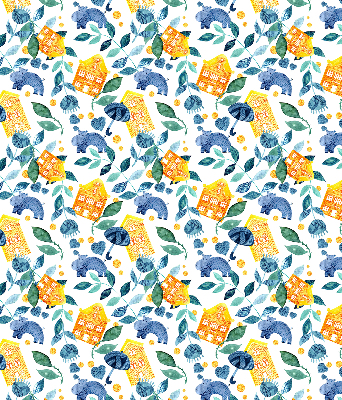 Fabric roller blind for window Yellow houses blue plants