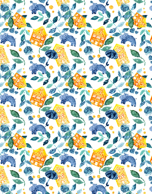 Fabric roller blind for window Yellow houses blue plants