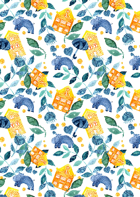 Fabric roller blind for window Yellow houses blue plants
