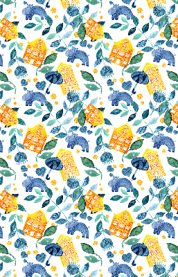 Fabric roller blind for window Yellow houses blue plants