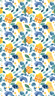 Fabric roller blind for window Yellow houses blue plants