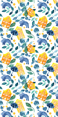 Fabric roller blind for window Yellow houses blue plants