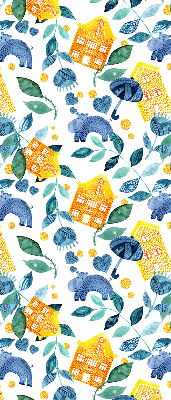 Fabric roller blind for window Yellow houses blue plants