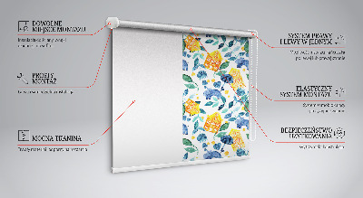 Fabric roller blind for window Yellow houses blue plants