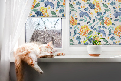 Fabric roller blind for window Yellow houses blue plants