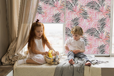 Fabric roller blind for window Pink and black leaves