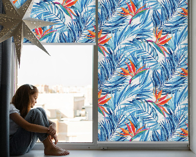 Fabric roller blind for window Blue leaves