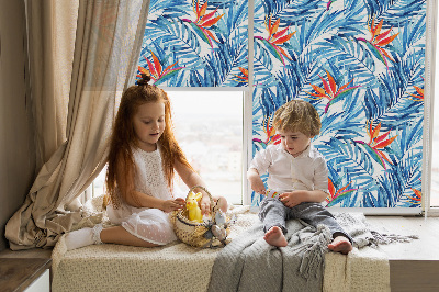 Fabric roller blind for window Blue leaves