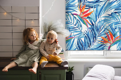 Fabric roller blind for window Blue leaves