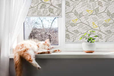 Fabric roller blind for window Yellow birds on gray branches