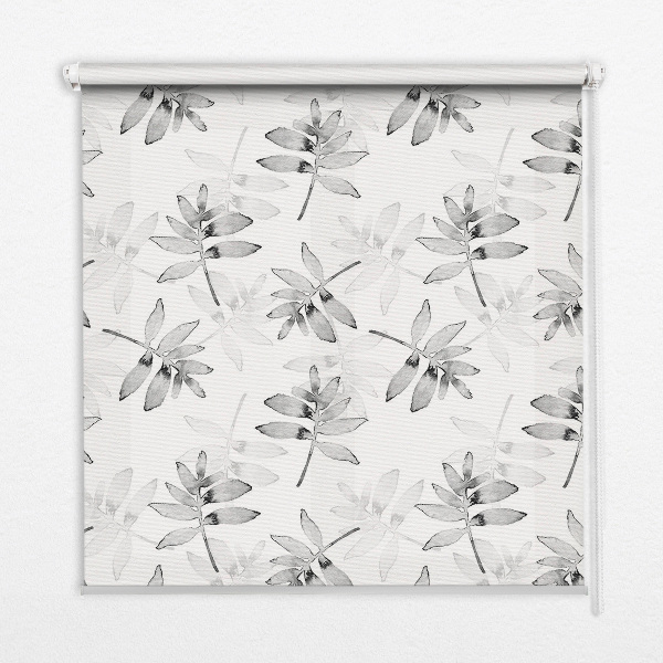 Fabric roller blind for window Gray sketched leaves