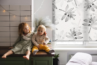 Fabric roller blind for window Gray sketched leaves