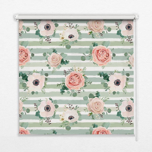 Blackout roller blind for window Roses on green horizontal stripes