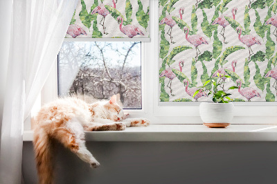 Fabric roller blind for window Flamingos by the leaves
