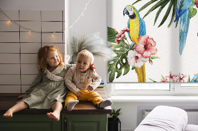 Fabric roller blind for window Parrot on flowers