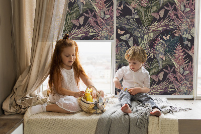 Blackout roller blind for window Exotic plants and birds