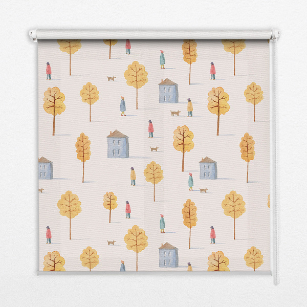 Fabric roller blind for window Houses among the trees