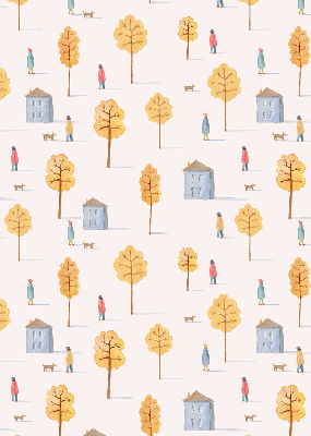 Fabric roller blind for window Houses among the trees
