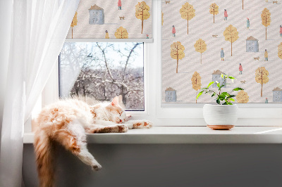 Fabric roller blind for window Houses among the trees