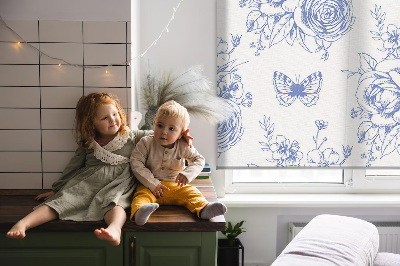 Blackout roller blind Blue flowers and butterflies