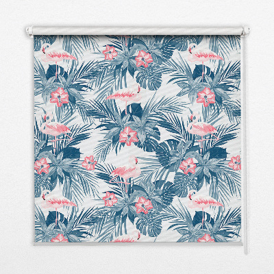 Fabric roller blind for window Tropical plants and flamingos