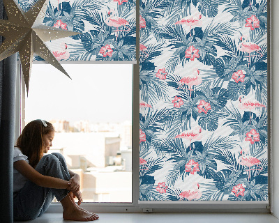 Fabric roller blind for window Tropical plants and flamingos
